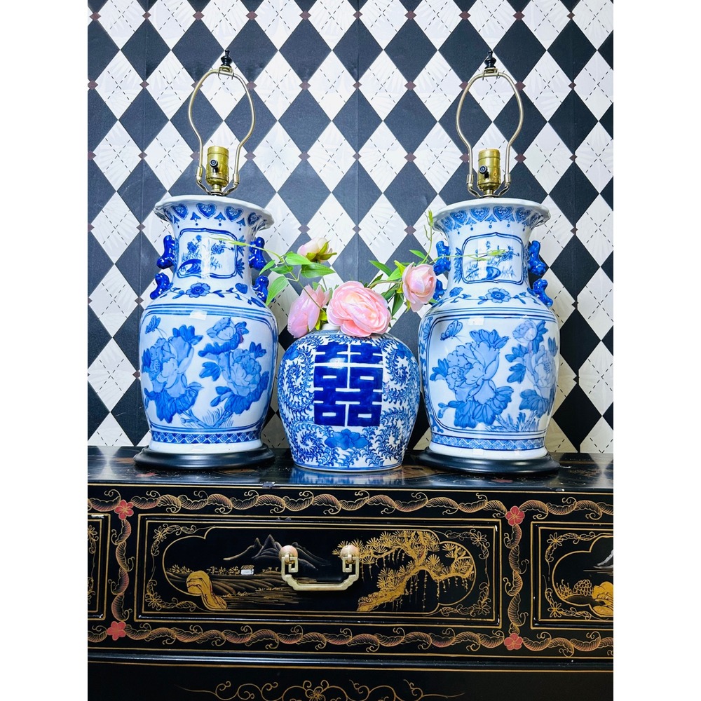 Chinoiserie Blue White Porcelain Lamp Pair Foo Dog Handles 26in - Picture 16 of 17